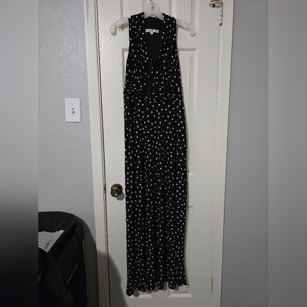 Evan Picone Black Sheath Maxi Dress Polka Dots Sleeveless Size 4